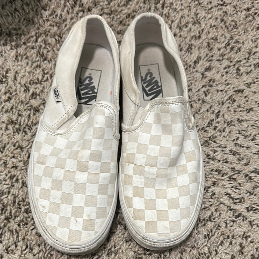 Vans Cream and White Checkered Slip-Ons